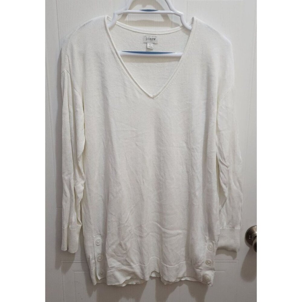 J. Crew Women's L/S V Neck Button Tunic Sweater Linen Blend White AW729 Size‎ L
